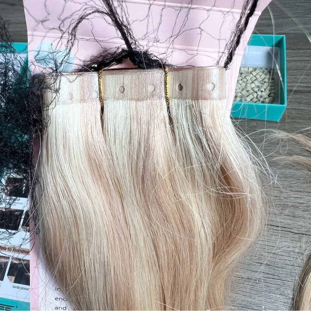 Platinum Highlight Golden Blonde Remy Human Hair Seamless Micro Ring Extensions